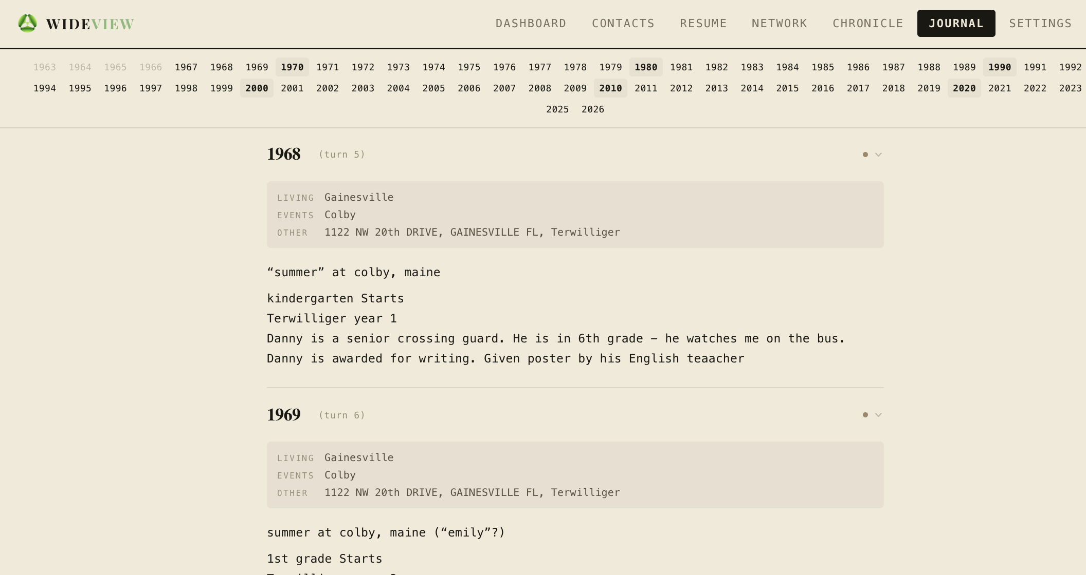 Wideview Journal — a lifetime journal showing entries by year with context about where you were living and what was happening