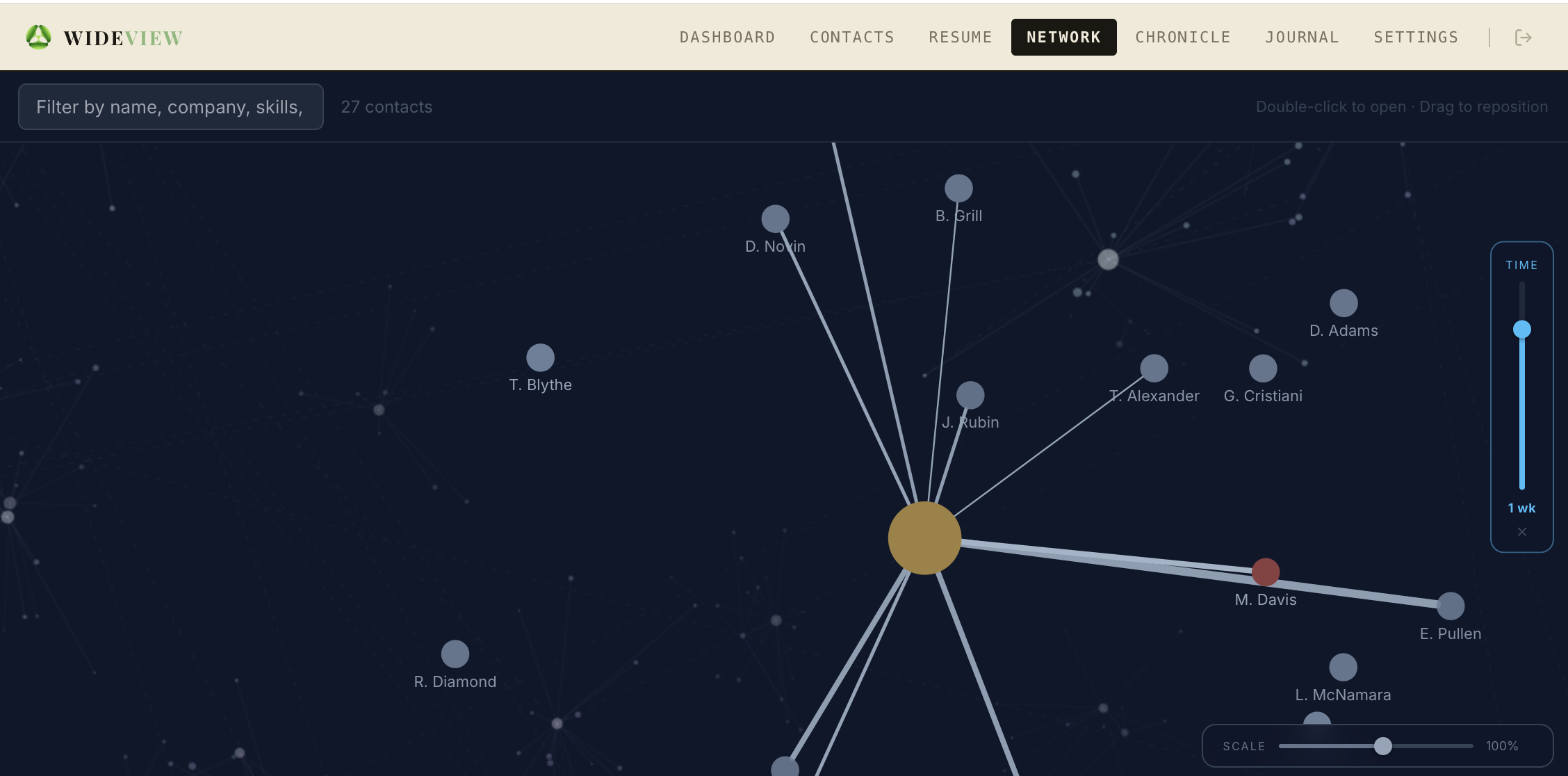 Wideview Network — a dark constellation graph showing your people and how they connect across your life